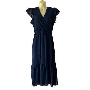 Fashion Boho Festival Navy Blue Texture Maxi Dress Size Small Ruffle Cottagecore